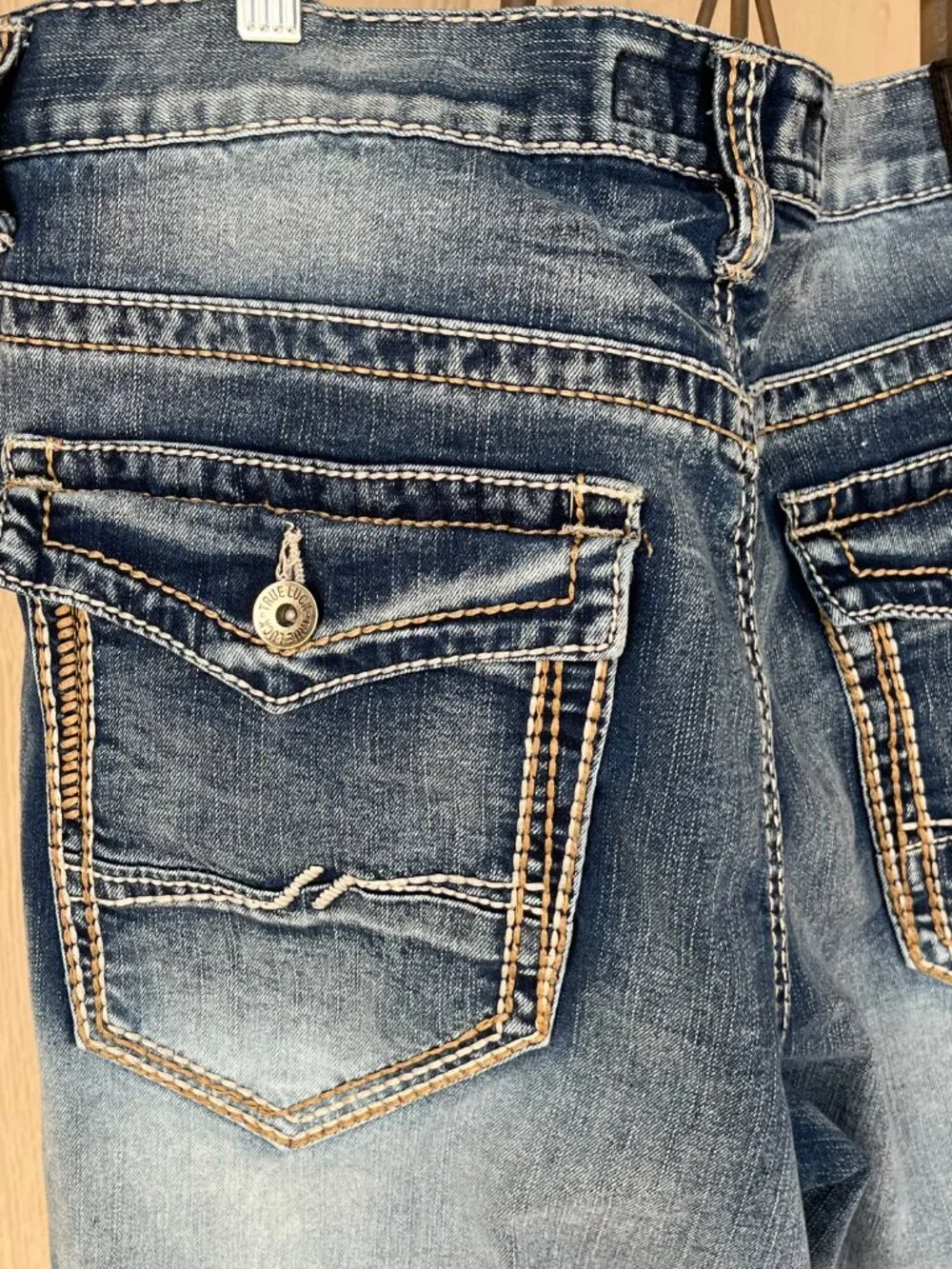 True Luck Mens Jeans Thick Stitch Denim Faded Wash Straight Leg Everyday 36x30